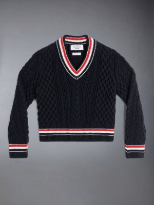 Thom Browne ARAN CABLE CRICKET STRIPE V-NECK Ragazzo Pullover Blu | PVE43B56579