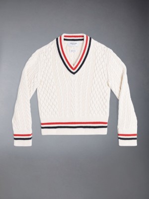 Thom Browne ARAN CABLE CRICKET STRIPE V-NECK Ragazza Pullover Bianche | IME83C91487