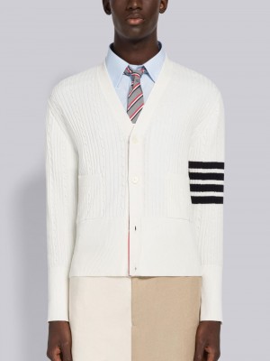 Thom Browne Baby Cable Rib Cotton 4-Bar V-Neck Uomo Cardigan Bianche | WRR72V20783