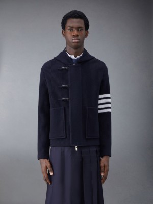 Thom Browne Boiled Wool Half Cardigan Stitch Hooded 4-Bar Duffle Uomo Giacche Blu | OHI13N01118