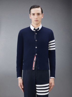 Thom Browne Cashmere 4-Bar Crew Neck Uomo Cardigan Blu | XGS26H02378