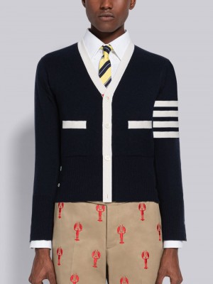 Thom Browne Cashmere Stripe V-Neck Uomo Cardigan Blu | CEB05R88984