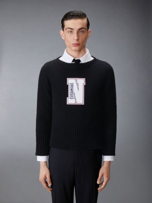 Thom Browne Chunky Merino Wool Nevermore Patch Boat Neck Uomo Pullover Nere | SZB89T74655