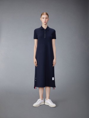 Thom Browne Classic Cotton Pique Center Back Stripe A-line Short Sleeve Polo Shirt Donna Vestito Blu Marino | LBT21O93116