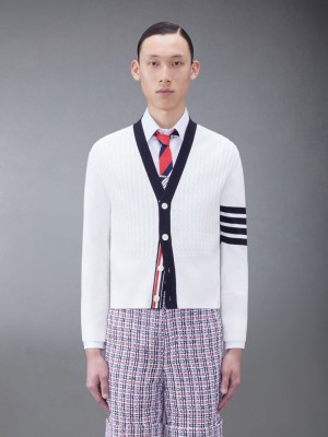 Thom Browne Cotton 4-Bar V-Neck Cable Uomo Cardigan Bianche | IFB56J30791