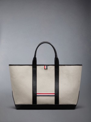 Thom Browne Cotton Canvas Leather Medium Tool Uomo Borse Tote Beige | NHD09Y41101