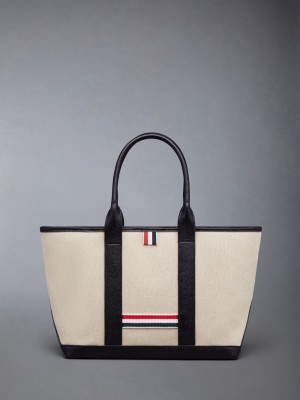 Thom Browne Cotton Canvas Leather Small Tool Donna Borse Tote Beige | XGX42R94723