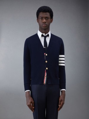 Thom Browne Cotton Crepe V-Neck Uomo Cardigan Blu | BJK79I69623