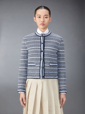 Thom Browne Cotton Linen Tweed Jacquard Donna Cardigan Blu | YWW42N03166