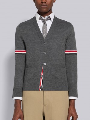 Thom Browne Fine Merino Stripe Relaxed V-Neck Uomo Cardigan Grigie | IDI76P45160