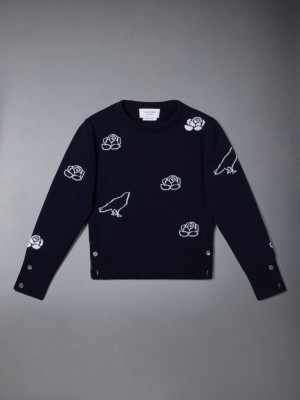 Thom Browne Fine Merino Wool Rose and Raven Ragazzo Pullover Blu | WNM38Q21915