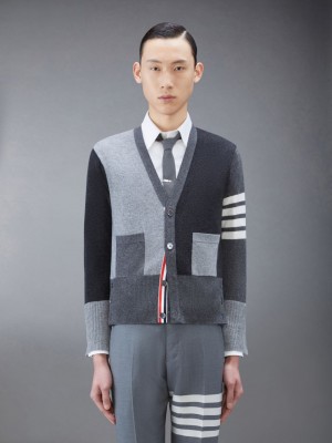 Thom Browne Funmix Cashmere 4-Bar V-Neck Uomo Cardigan Grigie | KWU02L60081