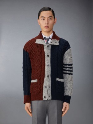 Thom Browne Funmix Donegal Mixed Cable Stitch 4-Bar Mock Neck Uomo Cardigan Blu | PPR12G36471