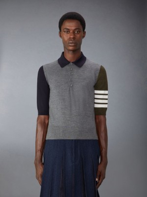 Thom Browne Funmix Fine Merino Wool 4-Bar Relaxed Fit Uomo Polo Blu | RLX97D51316