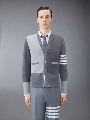 Thom Browne Funmix Wool V-Neck Uomo Cardigan Grigie | IYG83Y71577