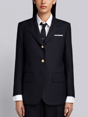 Thom Browne Grey 2-ply Fresco Wool Wide Lapel Sport Donna Cappotti Blu Marino | NAZ73X84034