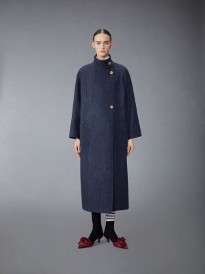 Thom Browne Herringbone Harris Tweed Midi Raglan Funnel Neck Donna Cappotti Blu | GZW85A63780