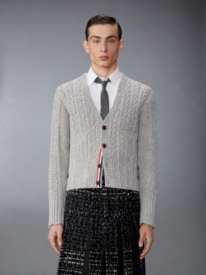 Thom Browne Irish Wool Handknit Cable Stitch Classic Uomo Cardigan Grigie | BMM45J94133