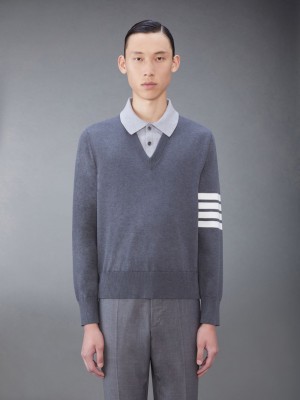 Thom Browne Jersey 4-Bar V Neck Uomo Polo Grigie | PIE01I40447