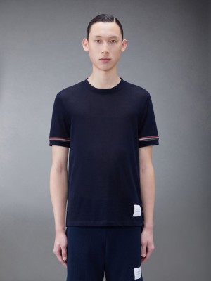 Thom Browne Lightweight Cotton Short Sleeve Striped Uomo Magliette Blu | PRN20P39804