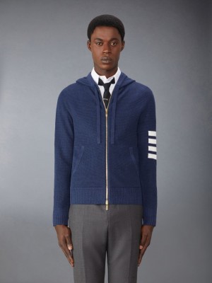 Thom Browne Linen Cotton 4-Bar Relaxed Fit Zip up Uomo Felpa con Cappuccio Blu | XRZ06B60745