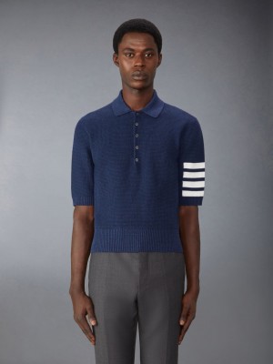 Thom Browne Linen Cotton 4-Bar Relaxed Fit Uomo Polo Blu | YGQ85R93110