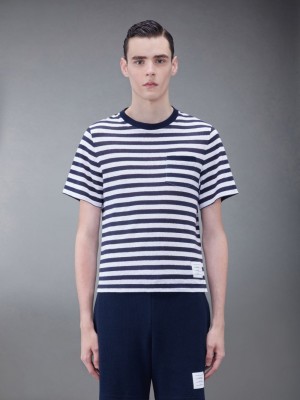 Thom Browne Linen Jersey Short Sleeve Striped Pocket Uomo Magliette Blu | MQQ83D75018