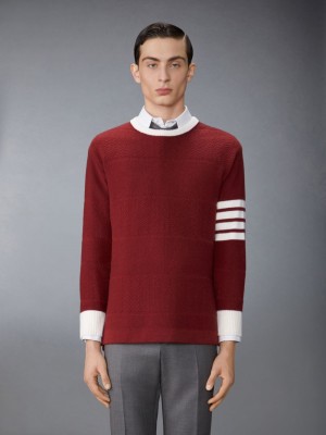 Thom Browne Merino Wool 4-Bar Textured Rugby Stripe Crew Neck Uomo Pullover Rosse | CZF05N29658