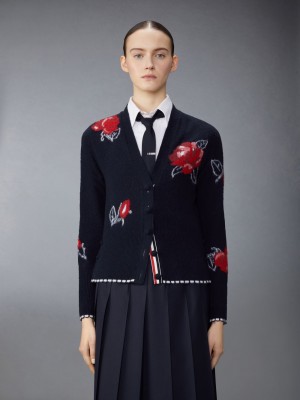 Thom Browne Merino Wool Brushed Rose Donna Cardigan Blu | JCU64Y42512