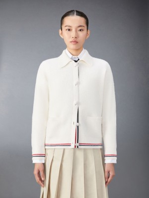 Thom Browne Merino Wool Brushed Tuck Stitch Polo Donna Cardigan Bianche | UCH73A25801