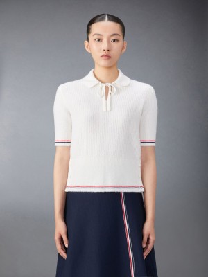 Thom Browne Merino Wool Brushed Tuck Stitch Keyhole Donna Polo Bianche | RCL19S18918