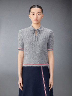 Thom Browne Merino Wool Brushed Tuck Stitch Keyhole Donna Polo Grigie | QDW59R68554