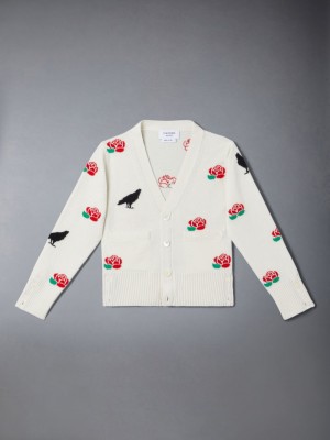 Thom Browne Merino Wool Rose and Raven Ragazzo Cardigan Bianche | BJV75G47879