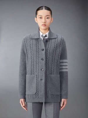 Thom Browne Merino Wool and Cotton 4-Bar Cable Donna Cappotti Grigie | IXX86M79335