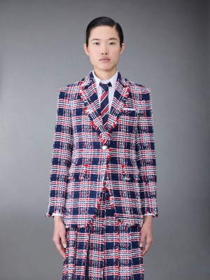 Thom Browne Prince of Wales Check Frayed Chenille Tweed Elongated Sport Donna Cappotti Blu | TSN39Z97645