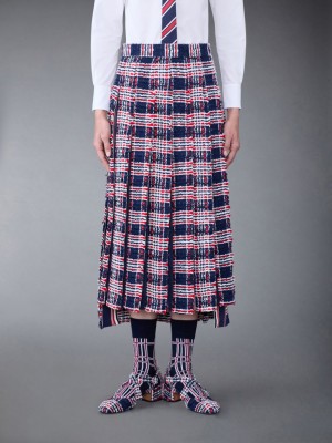 Thom Browne Prince of Wales Check Frayed Chenille Tweed Pleated Donna Gonne Blu | EPC73J24463