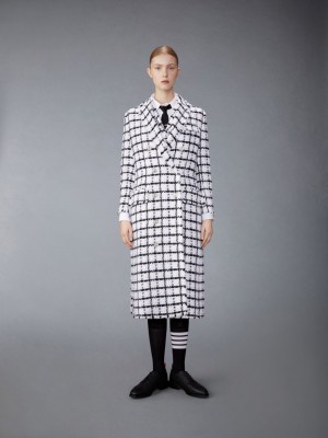 Thom Browne Windowpane Check Chiffon Tweed Fray Oversized Chesterfield Donna Cappotti Bianche | PIH26T32518