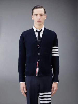 Thom Browne Wool 4-Bar V-Neck Uomo Cardigan Blu | RVF18Q76868