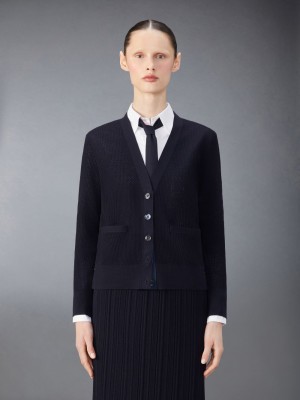 Thom Browne Wool Crepe 4-Bar Relaxed Fit Donna Cardigan Blu | UXV13L33218