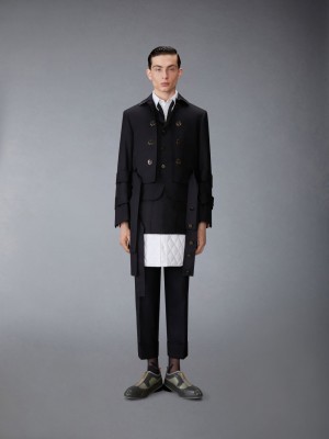 Thom Browne Wool Flannel All in One Modular Bal Collar With Mini Pleated Skirt and Silk Faille Lapel Uomo Cappotti Nere | KUE62K46983