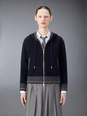 Thom Browne Wool Fleece Zip up Donna Felpa con Cappuccio Blu | EOB35G52002