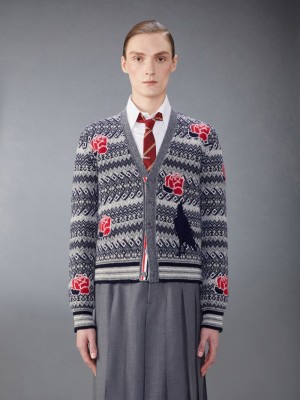 Thom Browne Wool Mohair Rose and Raven Uomo Cardigan Grigie | BRG92Z11057