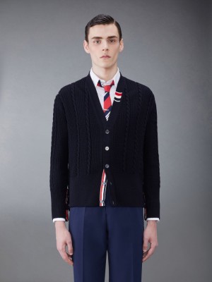 Thom Browne Wool Relaxed V-Neck Cable Uomo Cardigan Blu | BAN05B57456