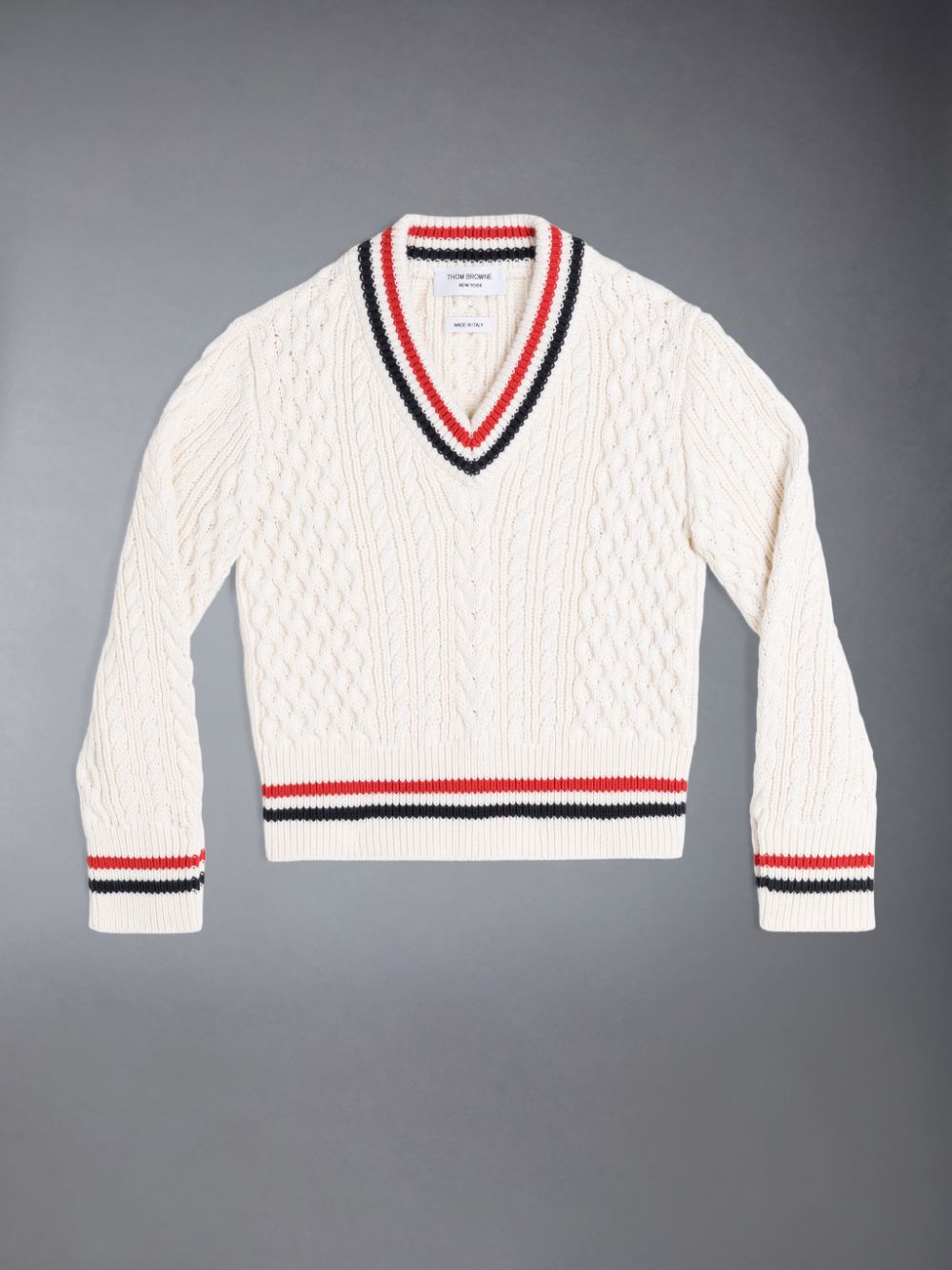 Thom Browne ARAN CABLE CRICKET STRIPE V-NECK Ragazzo Pullover Bianche | VHT18X75917