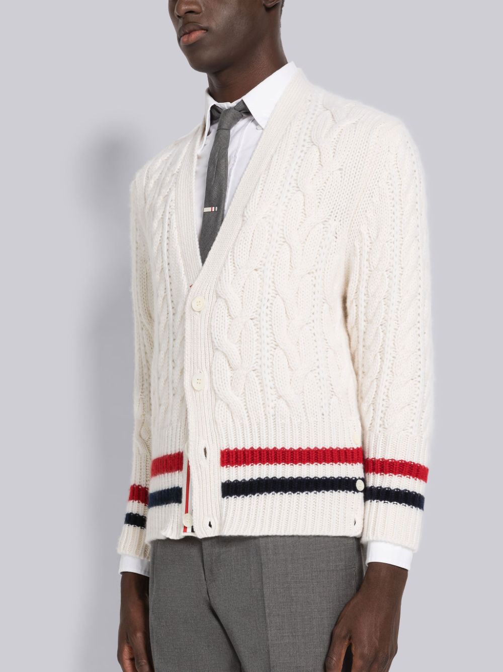 Thom Browne Aran Cable Cashmere Stripe V-Neck Uomo Cardigan Bianche | SQW85Q17555