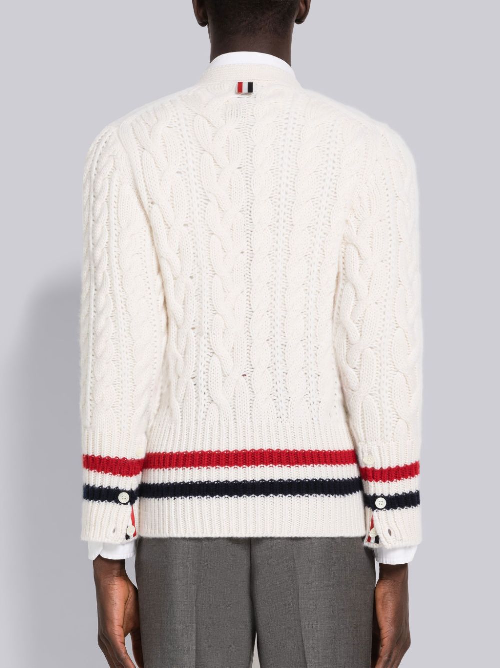 Thom Browne Aran Cable Cashmere Stripe V-Neck Uomo Cardigan Bianche | SQW85Q17555