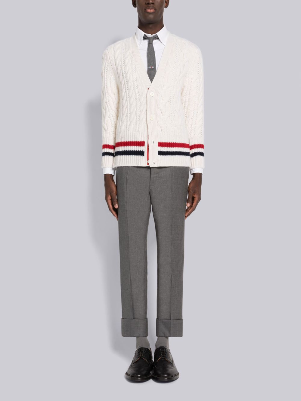 Thom Browne Aran Cable Cashmere Stripe V-Neck Uomo Cardigan Bianche | SQW85Q17555