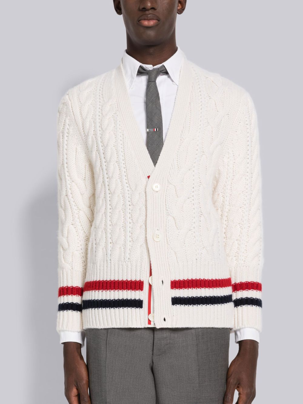 Thom Browne Aran Cable Cashmere Stripe V-Neck Uomo Cardigan Bianche | SQW85Q17555