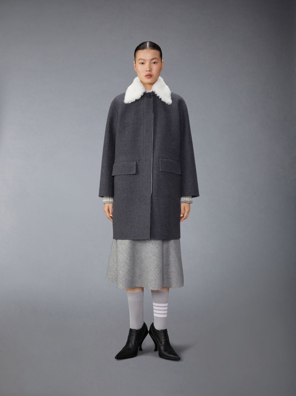 Thom Browne Bal Collar With Detachable Collar in Double Face Melton Solid Donna Cappotti Grigie | XGF13H06440