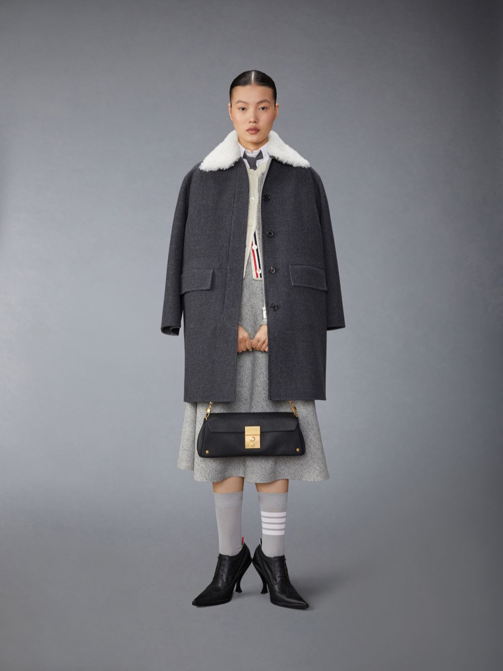 Thom Browne Bal Collar With Detachable Collar in Double Face Melton Solid Donna Cappotti Grigie | XGF13H06440